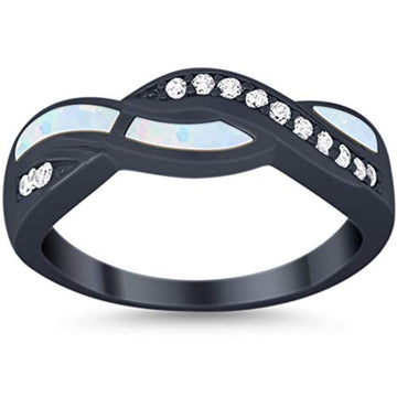 Half Eternity Weave Knot Ring Crisscross Black Tone, Lab Created White Opal 925 Sterling Silver